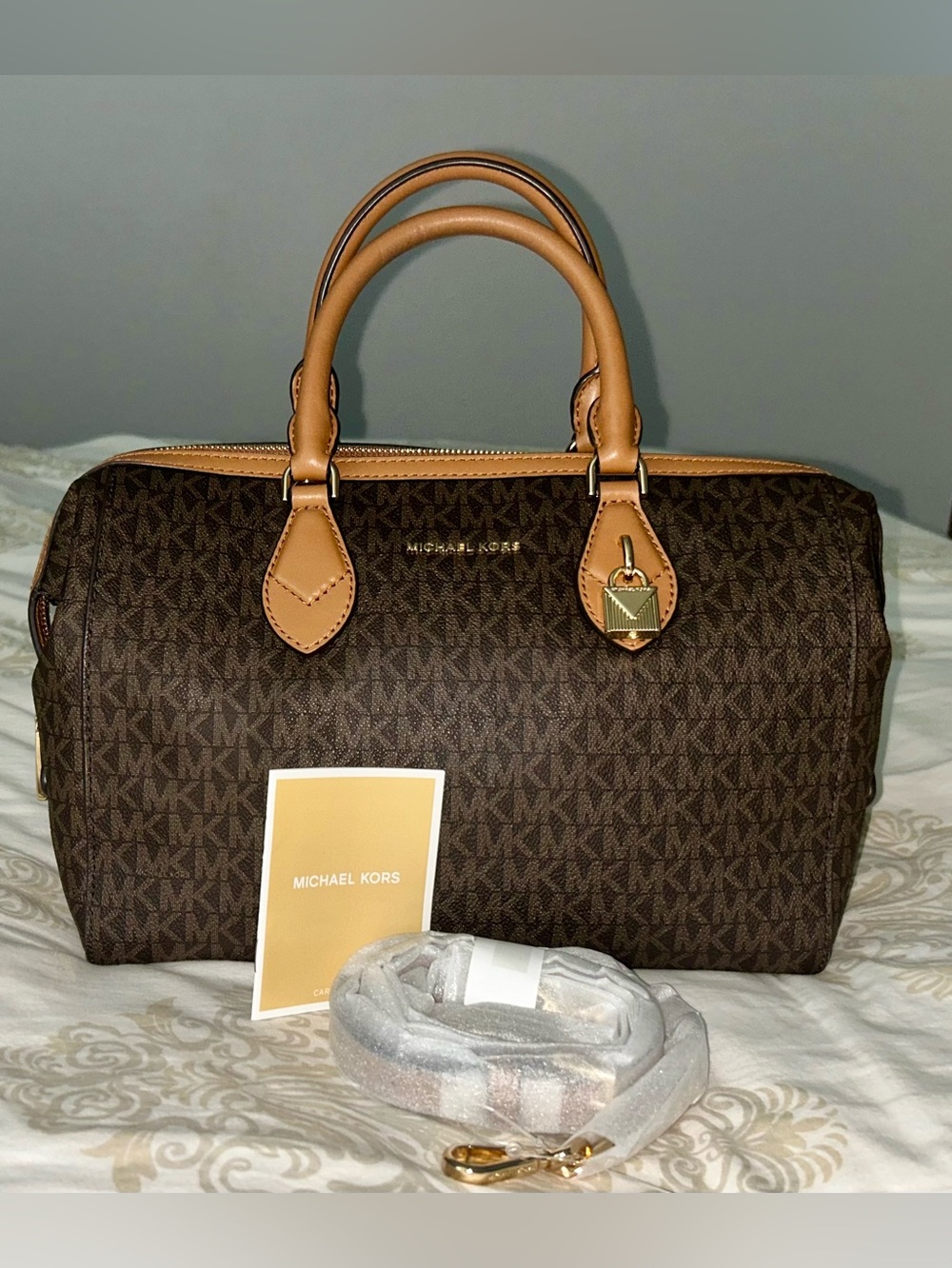 Michael Kors Brown Monogram Satchel with Tan Handles - Picture 2 of 12